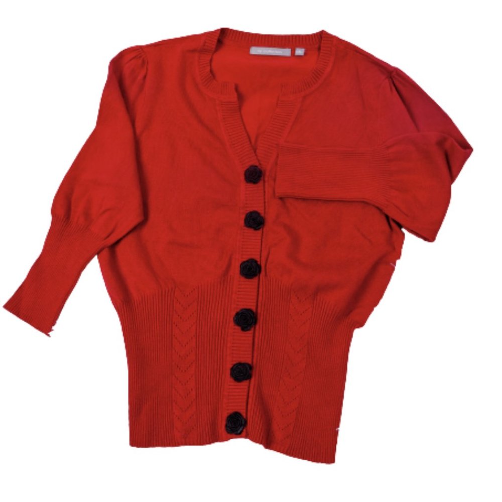 NY Collection Red Sweater with black rose buttons